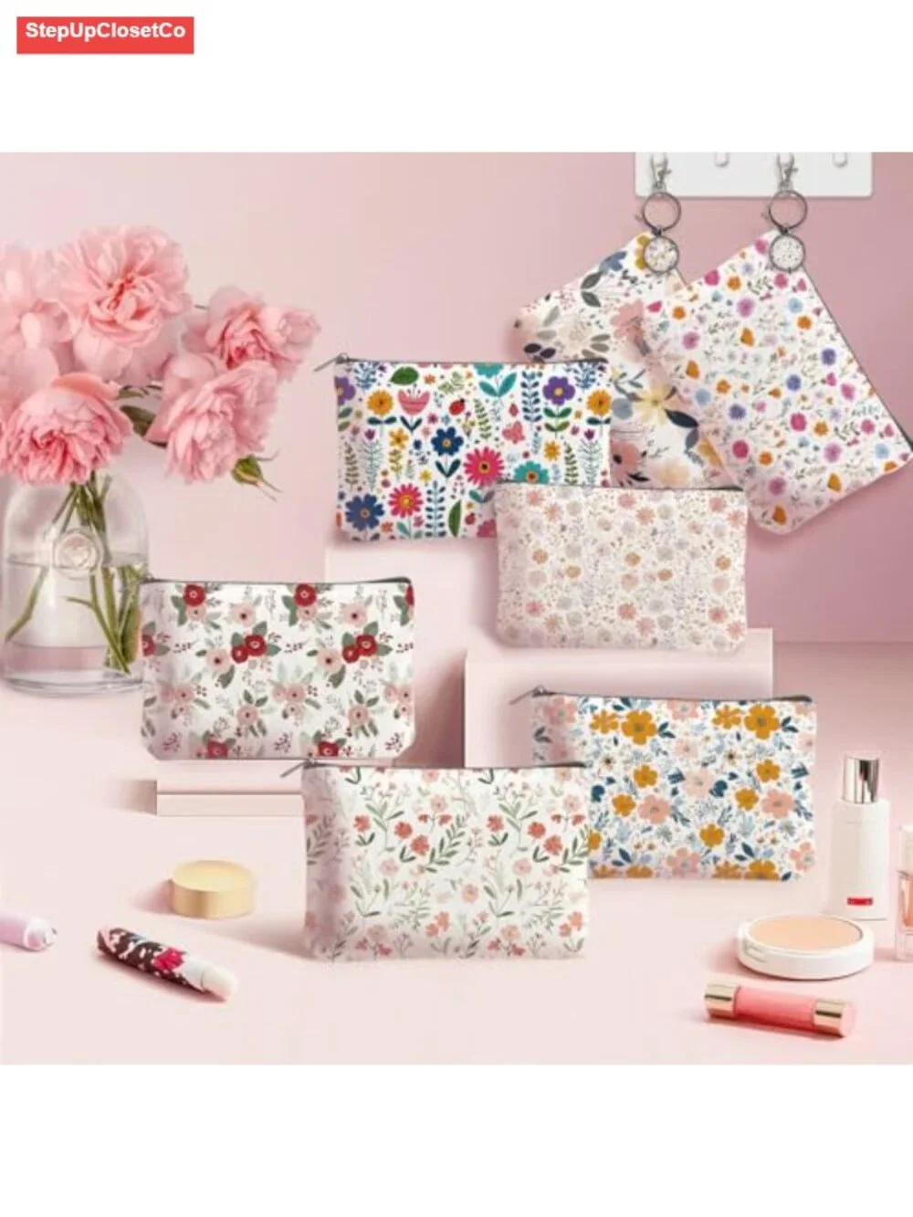 Bulk 12 Canvas Cosmetic Bags with 12 Keychains Wildflower Toiletry Organizer